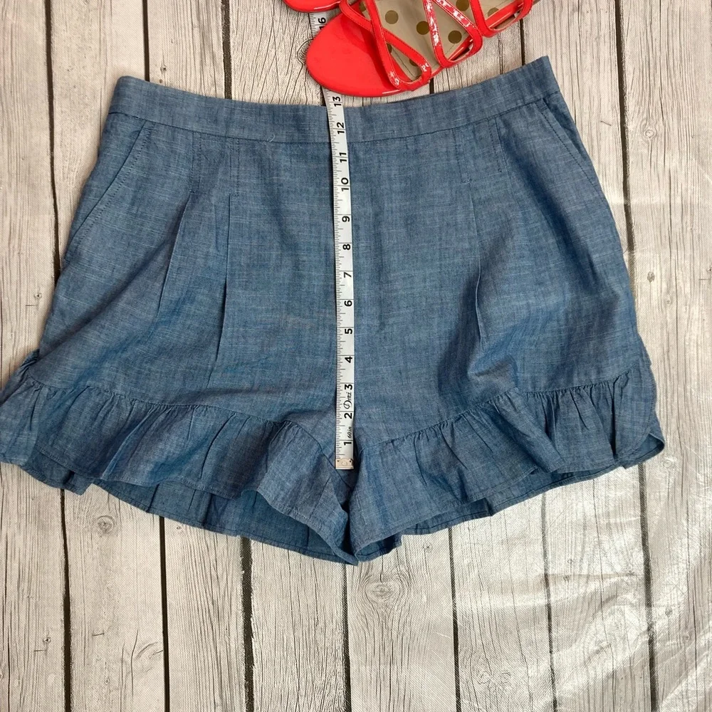 J. Crew Chambray High-Waist Ruffle-Hem Shorts in Light Blue